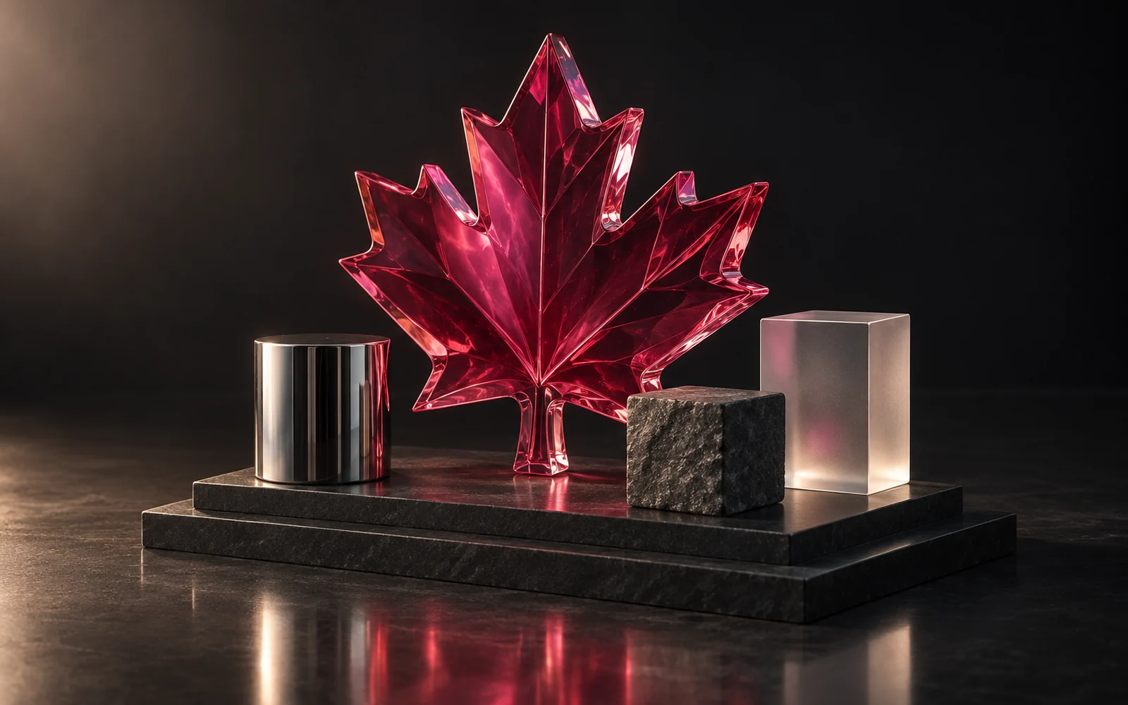 A raspberry glass maple leaf displayed above chrome, stone and frosted glass product forms.