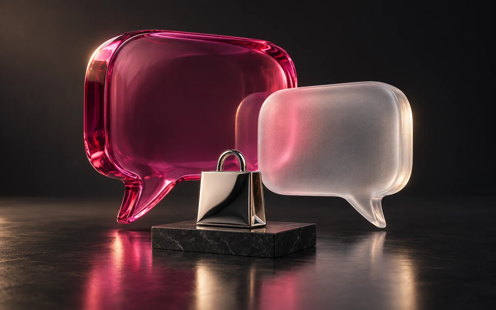 Raspberry and frosted glass speech bubbles behind a chrome shopping bag on a dark stone plinth.