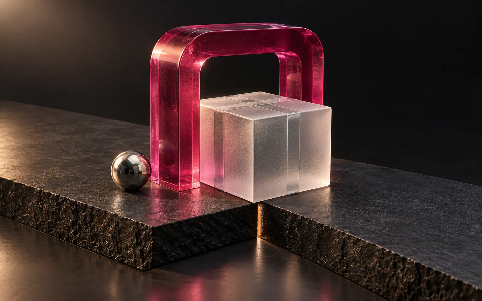 A frosted glass parcel crossing a seam between stone platforms through a raspberry glass gateway.