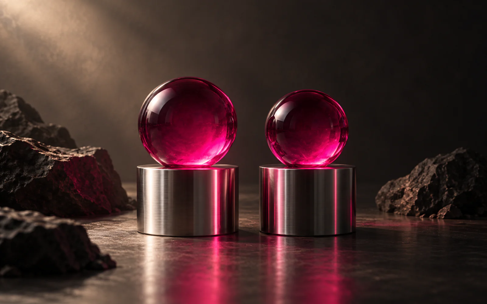 Two steel pedestals side by side, each holding a pink glass sphere, one slightly larger and brighter