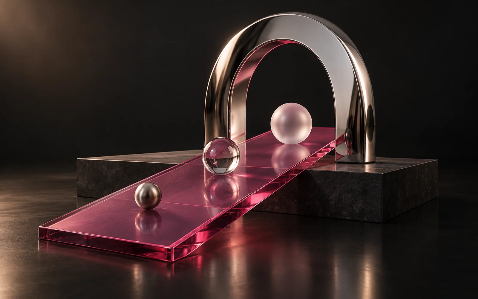Three spheres following a smooth raspberry glass ramp through an open chrome arch.