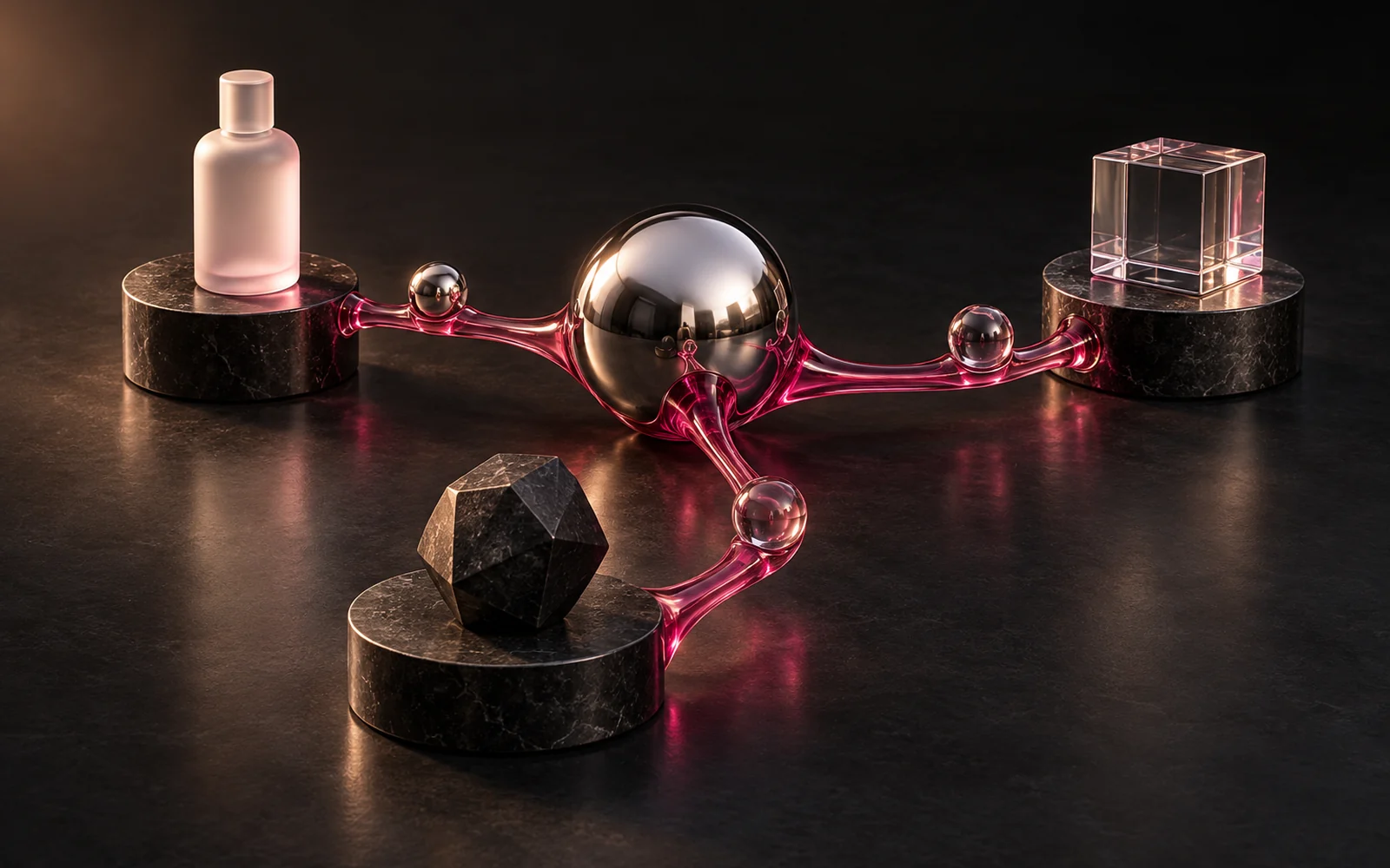 Chrome spheres and product plinths connected by raspberry glass pathways, representing AI-assisted shopping.