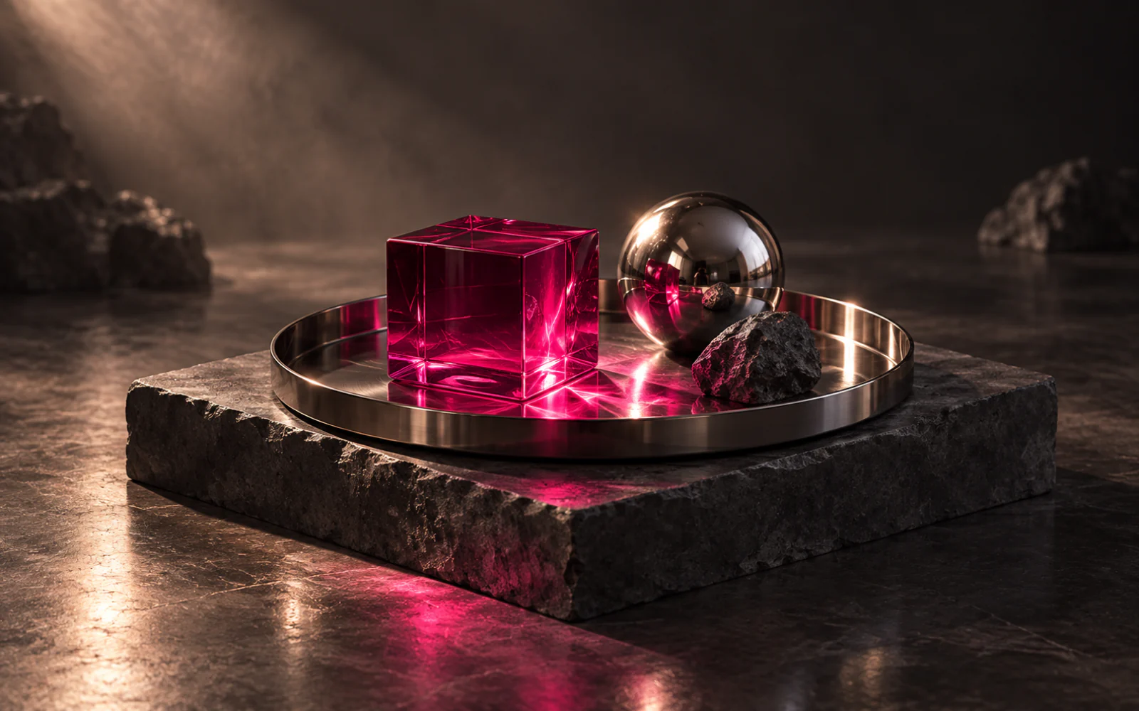 A polished steel tray holding a pink glass cube, a chrome sphere and a small dark rock on a stone plinth