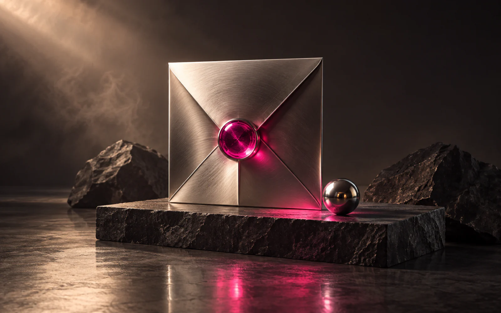 An upright brushed-steel envelope closed with a glowing pink glass seal on a stone plinth