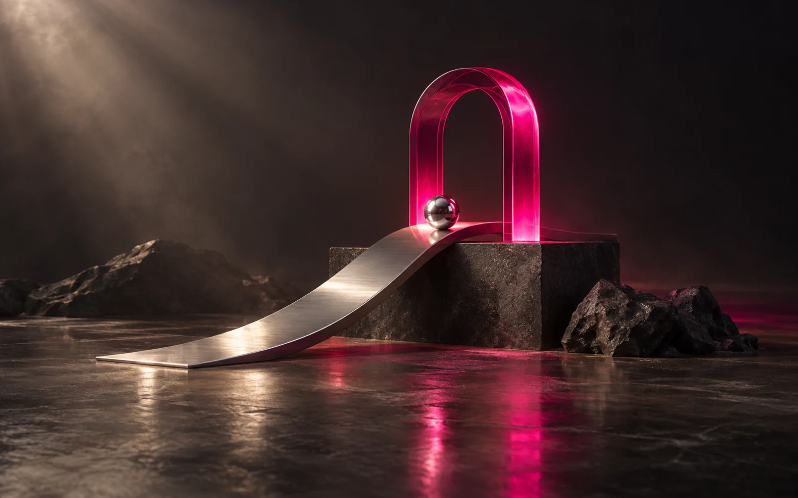 A brushed-steel ramp leading a chrome sphere toward a glowing pink glass arch on a stone plinth