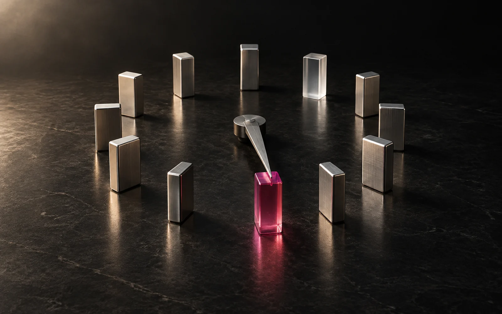 A chrome clock hand pointing toward a raspberry glass milestone in a ring of metal calendar markers.