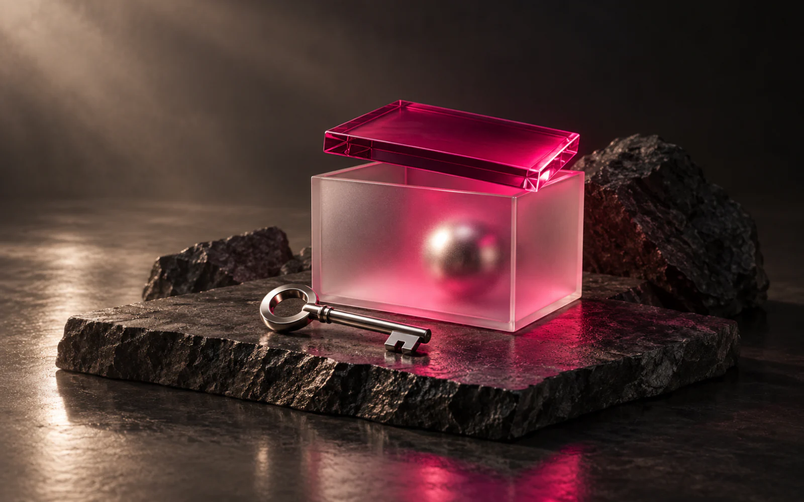 A frosted glass box with a pink glass lid ajar and a steel key in front of it on a stone slab