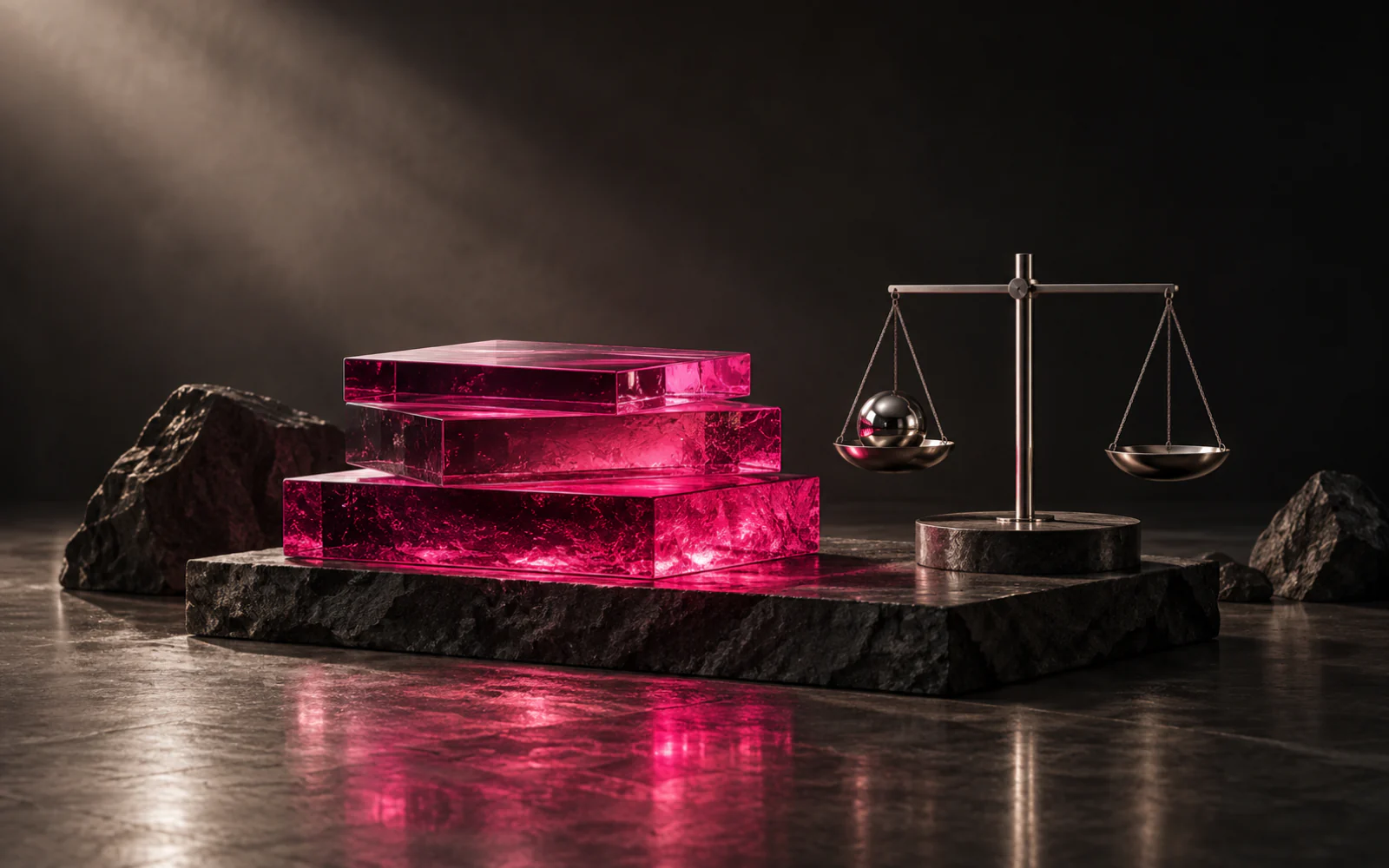 Three stacked pink glass slabs of different thicknesses beside a brushed-steel balance on a stone plinth