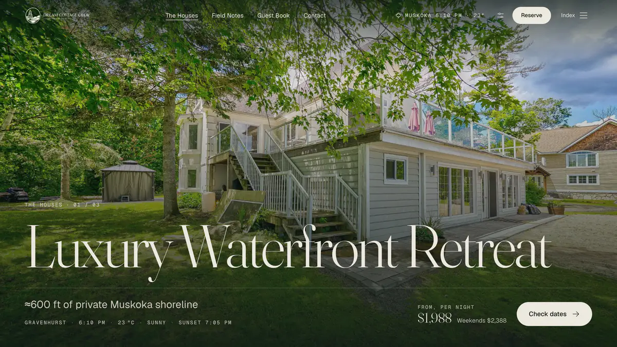 Dream Cottage Crew Luxury Waterfront Retreat page built by Binevi Corporation