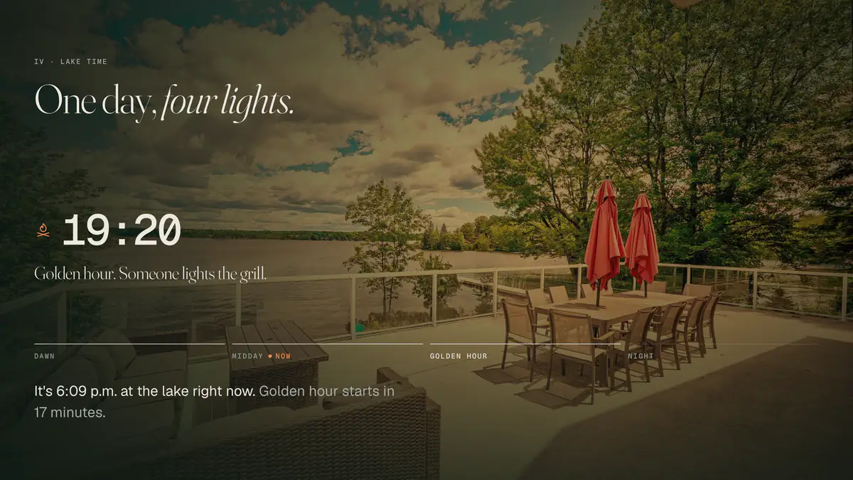 Dream Cottage Crew Lake Time golden-hour scene built by Binevi Corporation