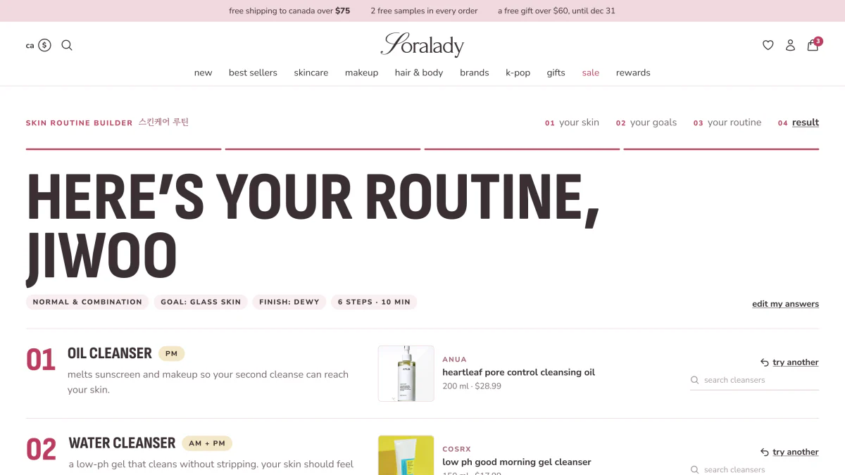 Soralady skin routine builder built by Binevi Corporation